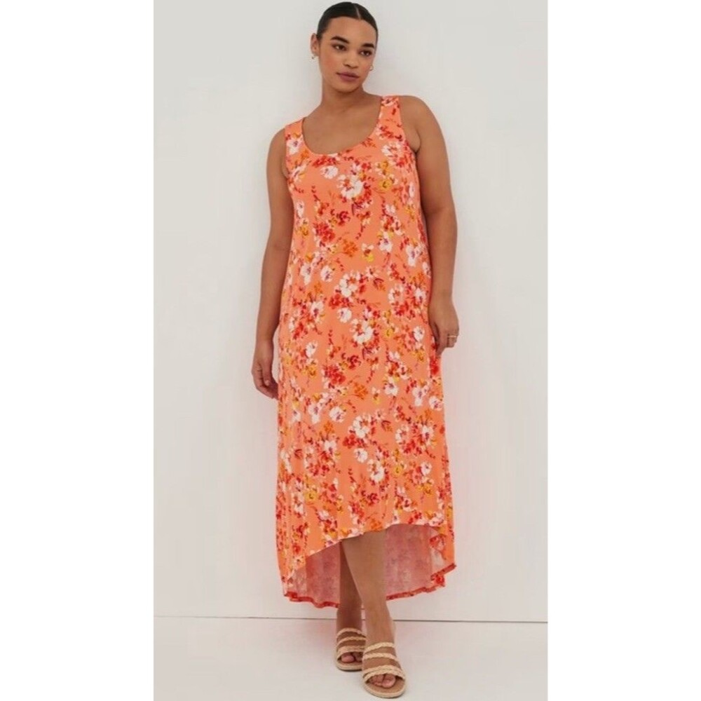 Torrid Maxi Shirt Dress 2 / 2X Super Soft Orange Floral High Low Stretch Jersey